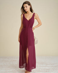 Women's Woven Polyester Maxi Dresses Wine Red Dresses - RIHOAS