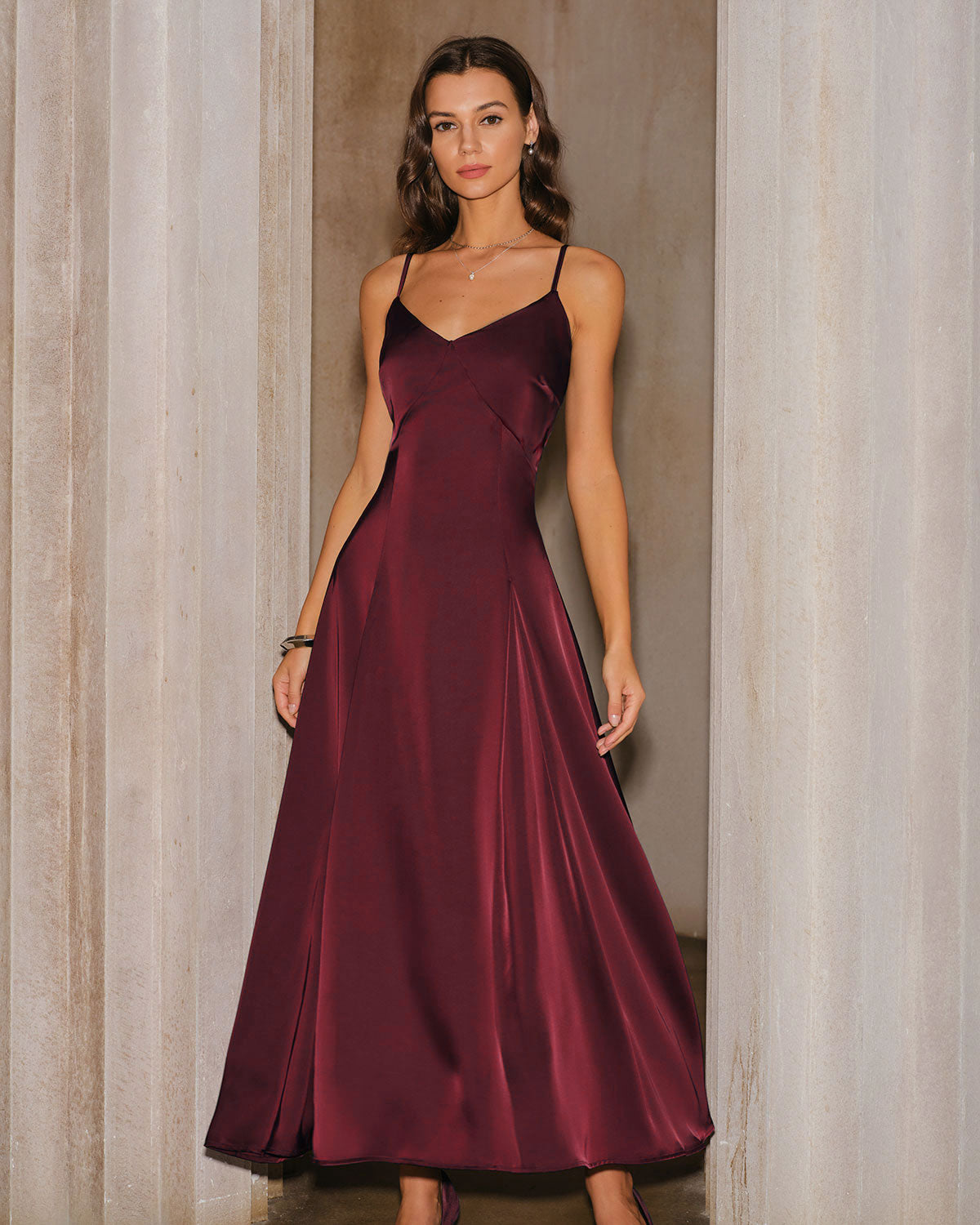Women's Woven Polyester Maxi Dresses Wine Red Dresses - RIHOAS