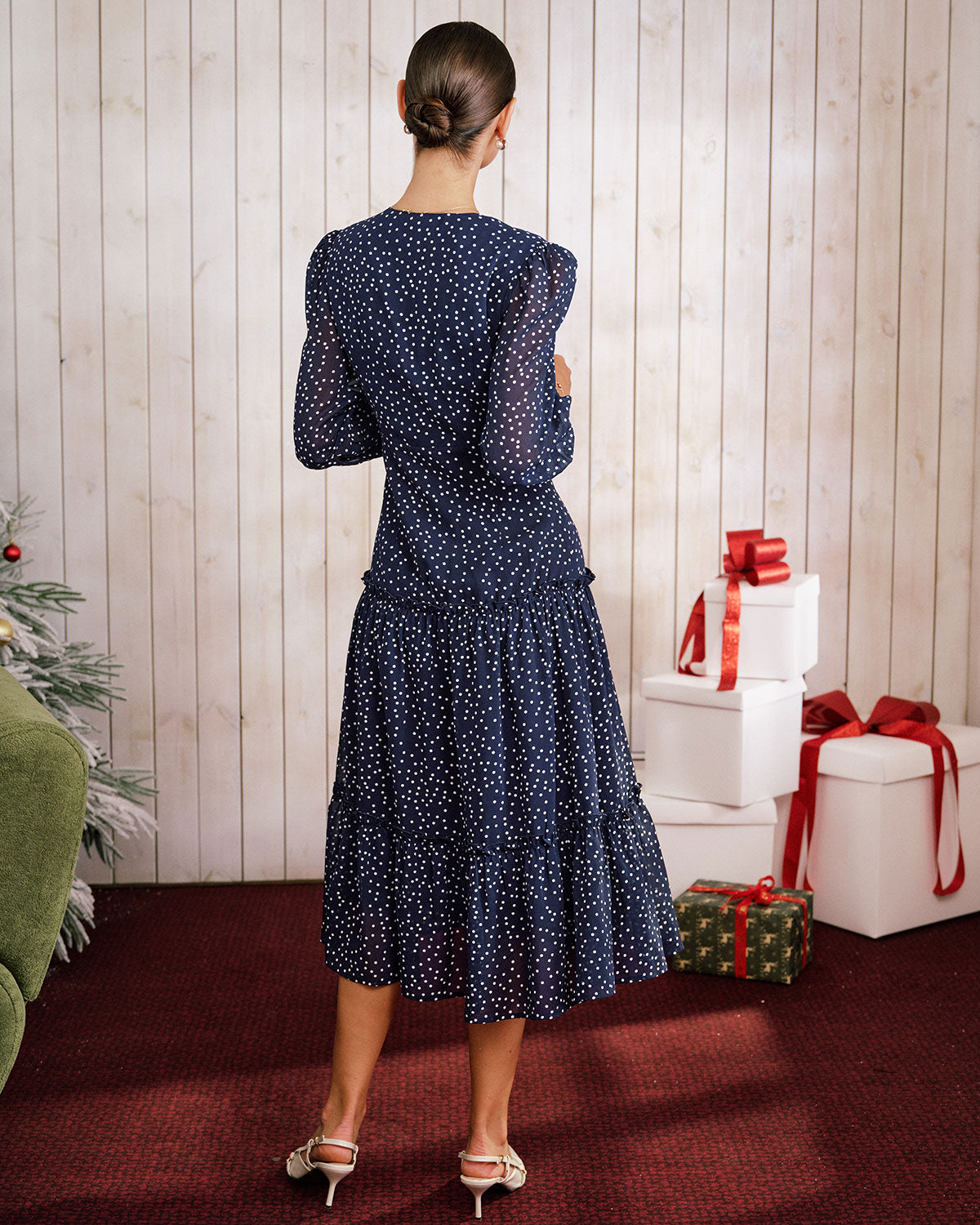 Blue Polka Dot V Neck Midi Dress & Reviews - Blue - Dresses | RIHOAS Blue Polka Dot V Neck Midi Dress & Reviews - Blue - Dresses | RIHOAS