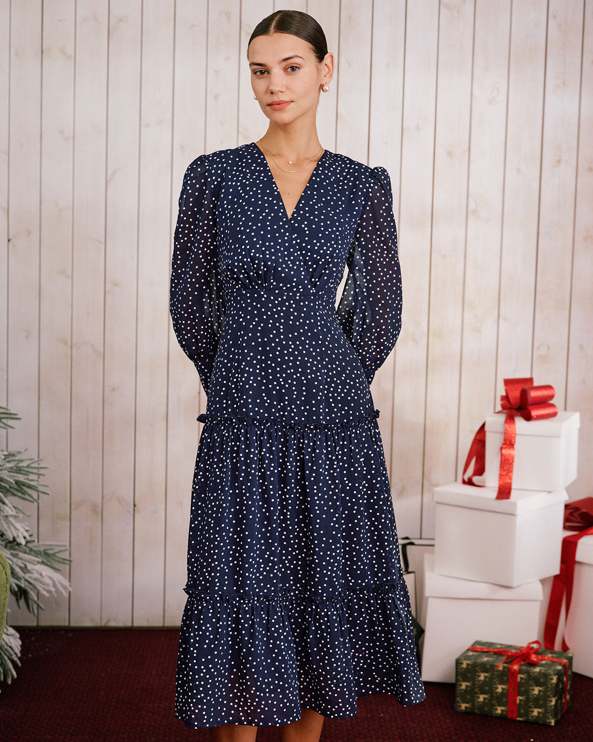 Blue Polka Dot V Neck Midi Dress & Reviews - Blue - Dresses | RIHOAS Blue Polka Dot V Neck Midi Dress & Reviews - Blue - Dresses | RIHOAS
