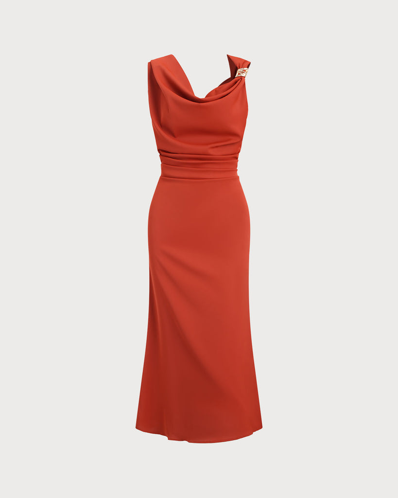 Women's Woven Polyester Mid-length Desress Brick Red Dresses - RIHOAS