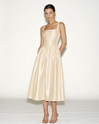 Women's Woven Polyester  Midi Dress Apricot Dresses - RIHOAS