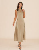 Women's Woven Polyester Midi Dress Apricot Dresses - RIHOAS
