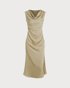 Women's Woven Polyester Midi Dress Apricot Dresses - RIHOAS