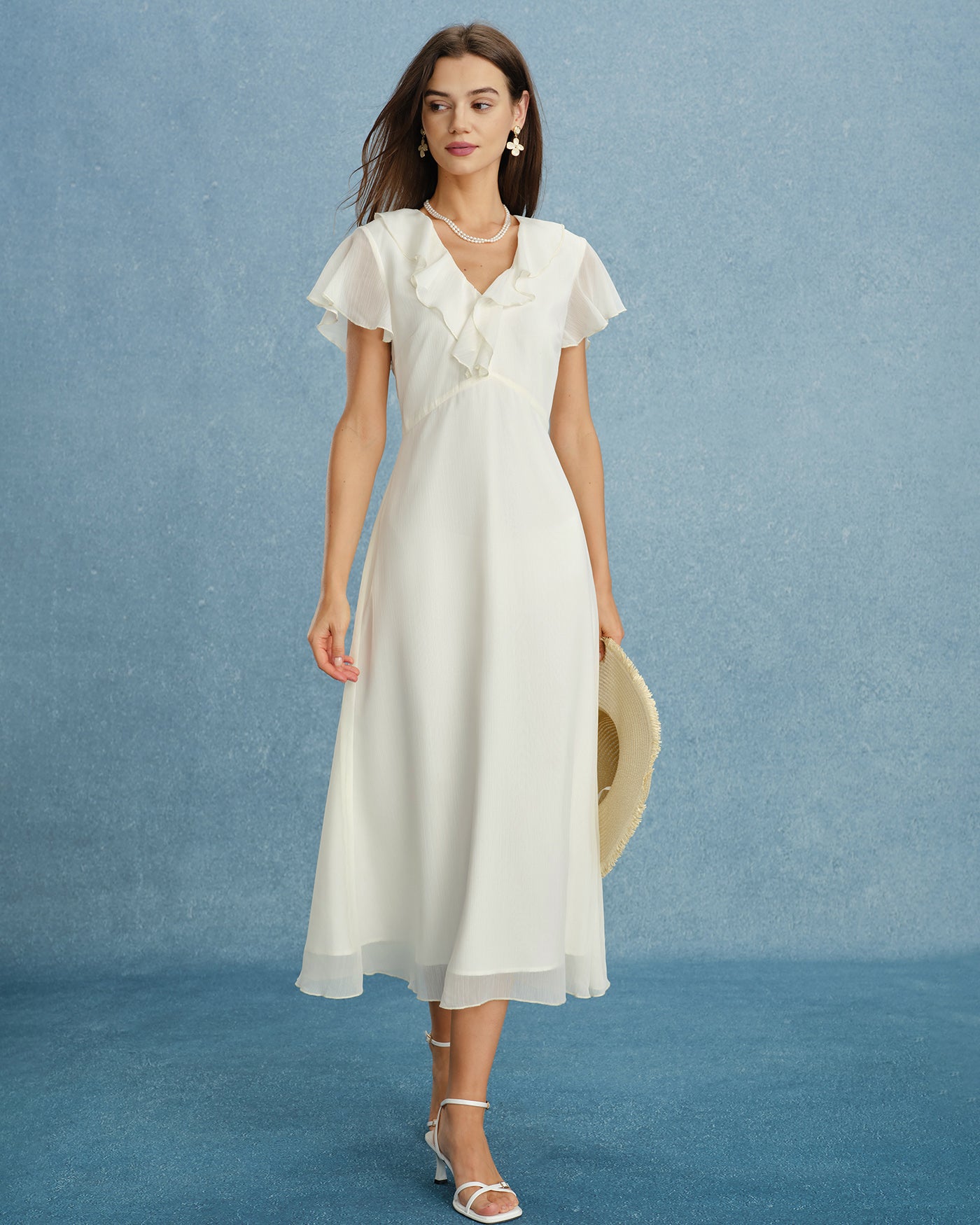 Apricot V Neck Ruffle Chiffon Midi Dress
