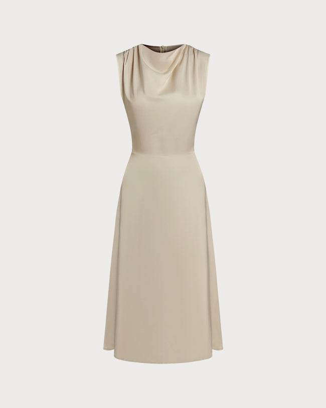 Women's Woven Polyester Midi  Dress Apricot Dresses - RIHOAS