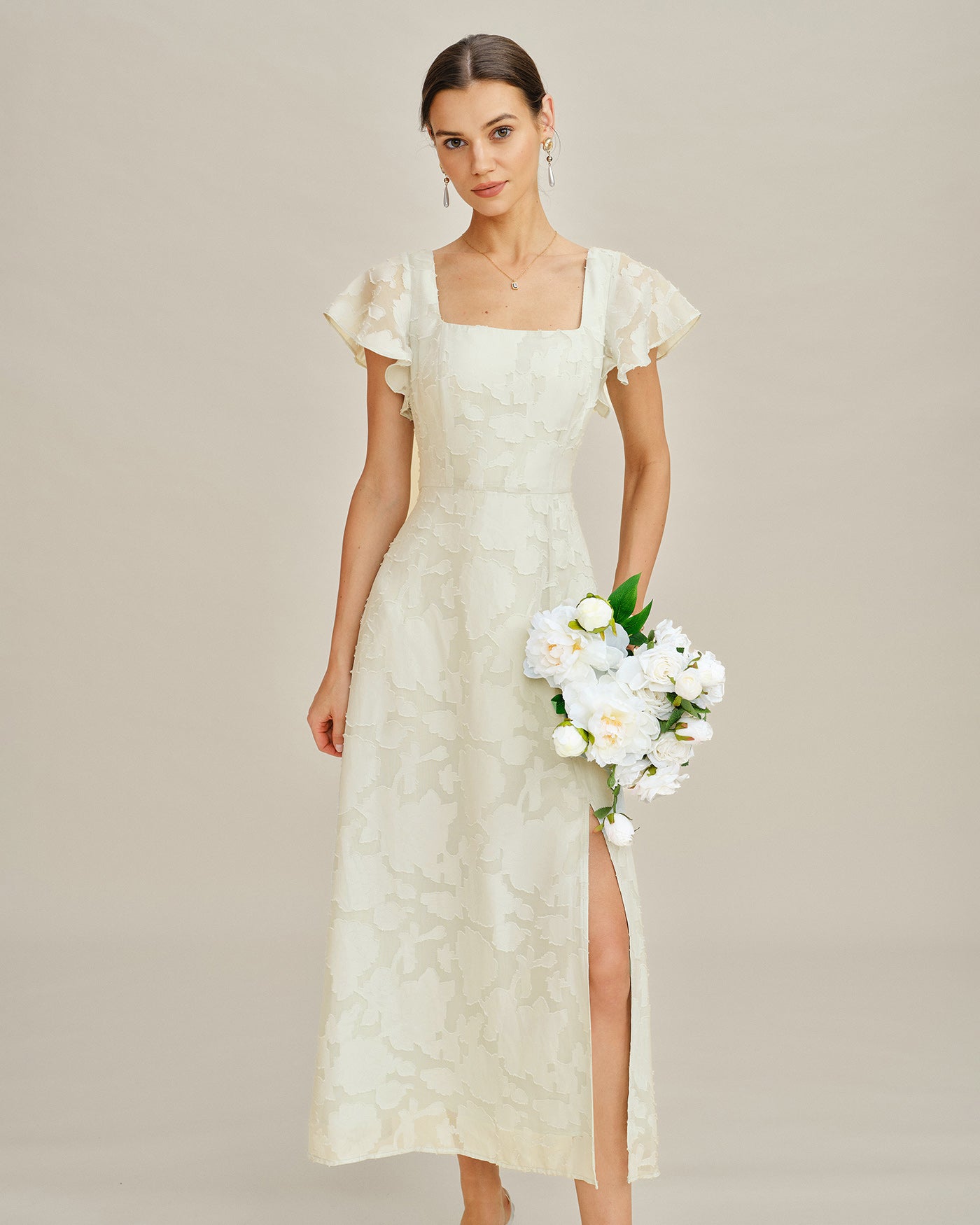 Beige Square Neck Jacquard Midi Dress & Reviews - Beige - Dresses