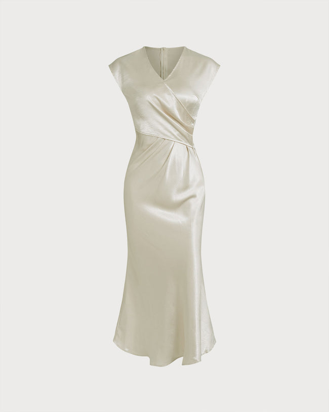 Women's Woven Polyester Midi Dress Beige Dresses - RIHOAS