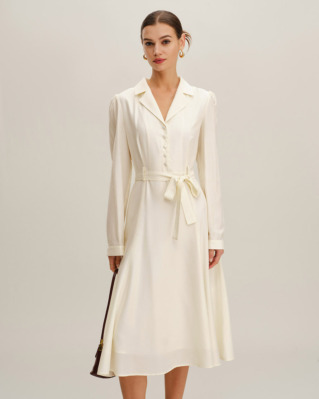 Women's Woven Polyester Midi Dress Beige Dresses - RIHOAS