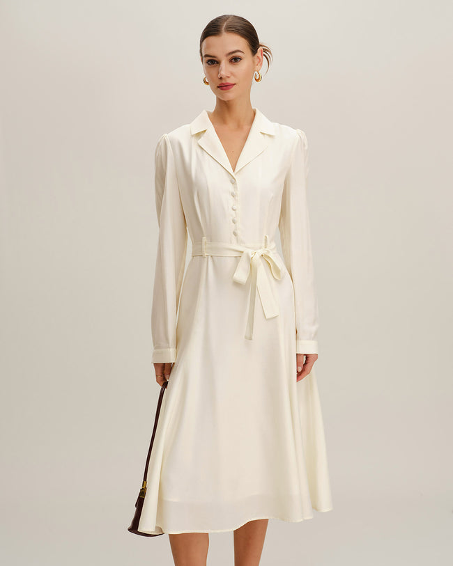 Women's Woven Polyester Midi Dress Beige Dresses - RIHOAS