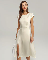 Women's Woven Polyester Midi Dress Beige Dresses - RIHOAS