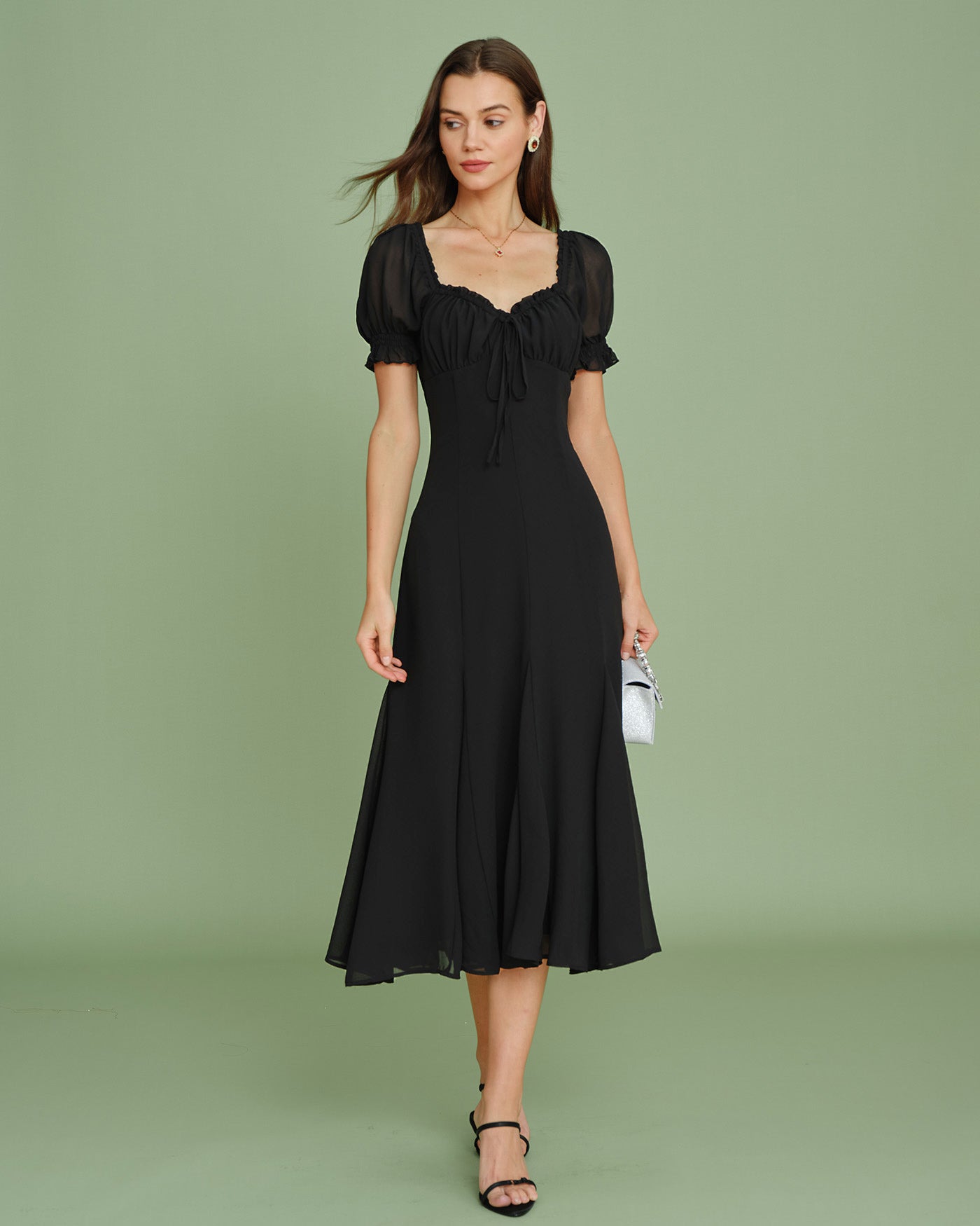 black dresses for women midi Black V Neck Puffed Sleeve Midi Dress