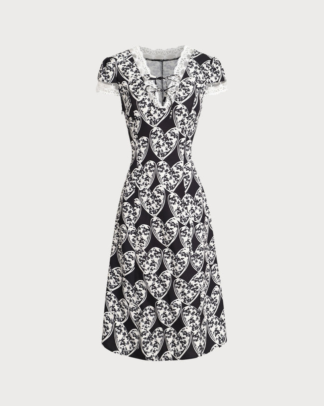 Black Floral Lace Trim Midi Dress - RIHOAS