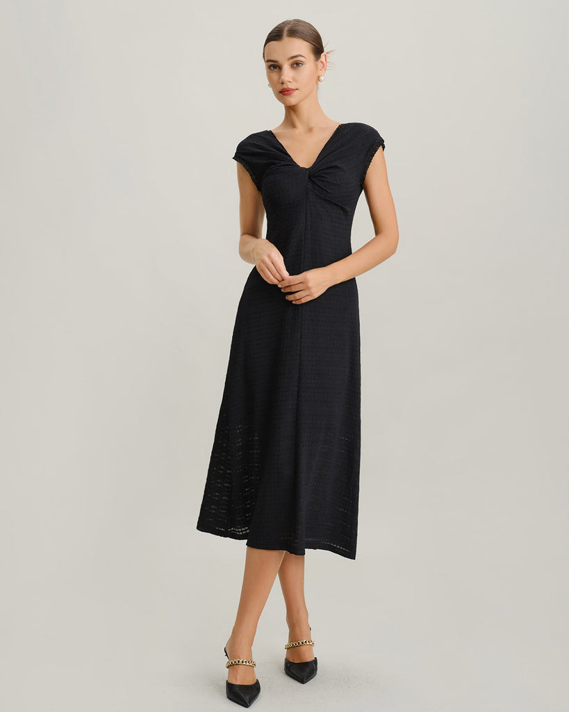 Women's Woven Polyester Midi Dress Black Dresses - RIHOAS