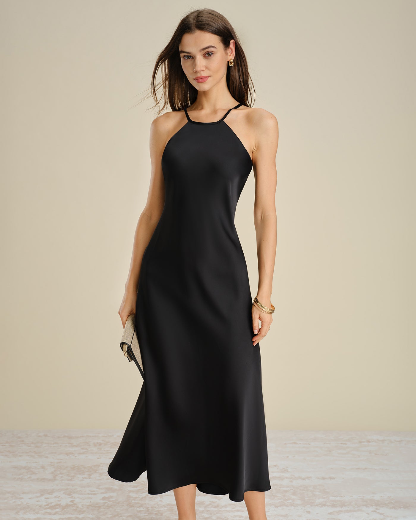 Black Halter Tie Satin Midi Dress