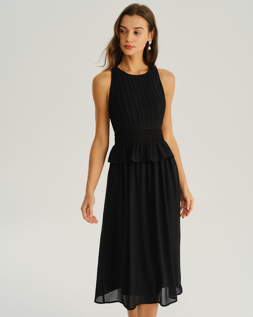Women's Woven Polyester Midi Dress Black Dresses - RIHOAS