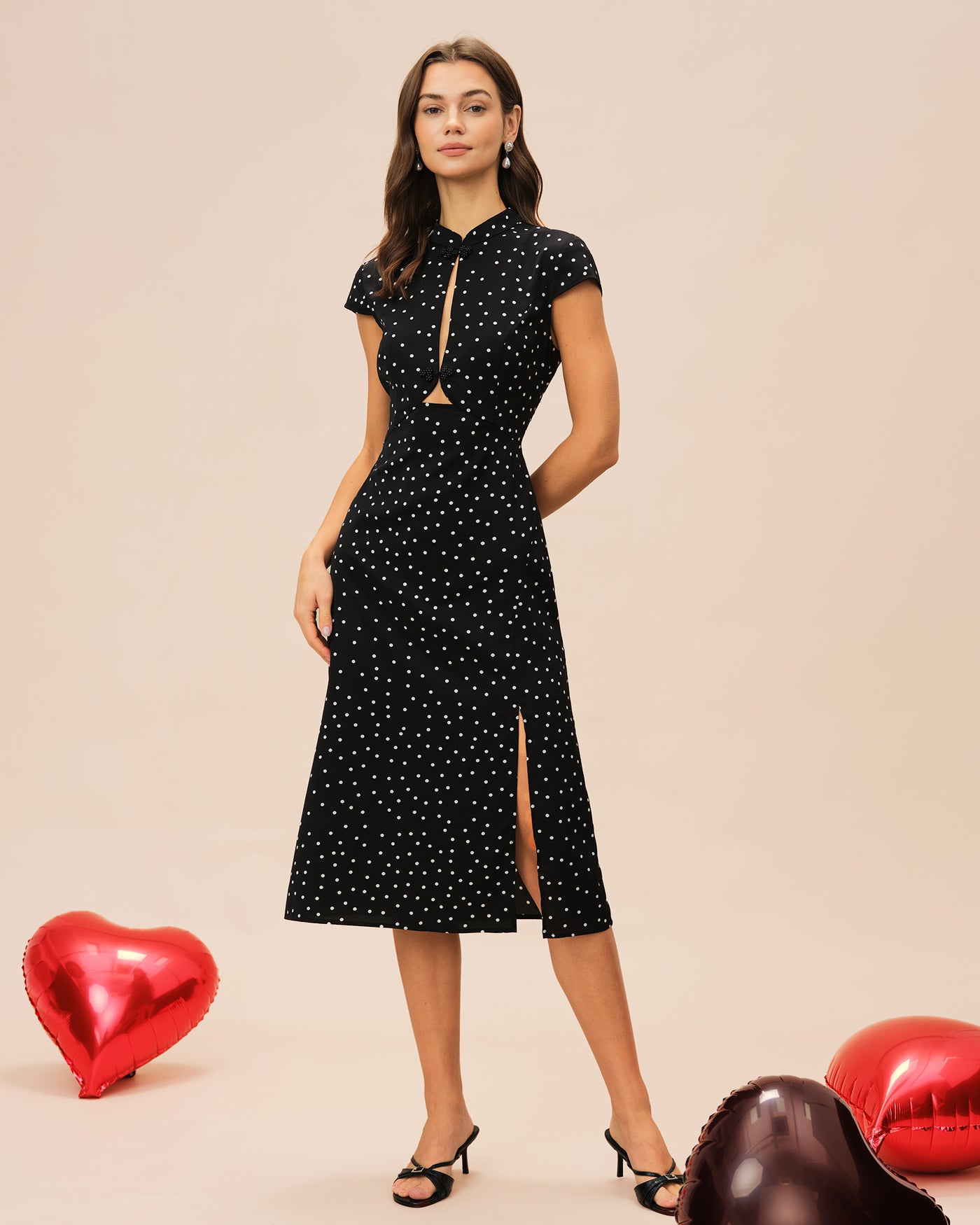 Rihoas Polka Dot Mandarin Collar Midi Dress | Keyhole Slit for Summer, Cocktail Party, Wedding Guest, Black / S Rihoas Polka Dot Mandarin Collar Midi Dress | Keyhole Slit for Summer, Cocktail Party, Wedding Guest, Black / S