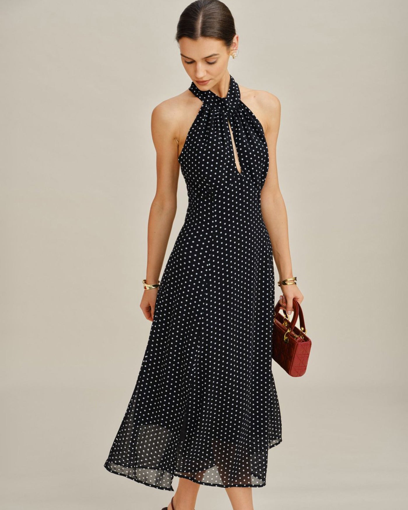 Women's Woven Polyester Midi Dress Black Dresses - RIHOAS