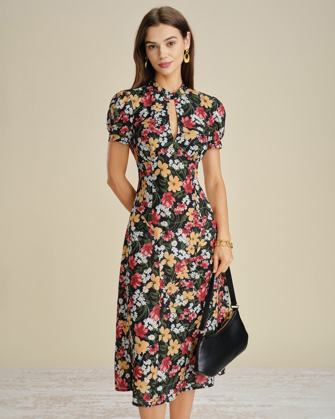 Women's Woven Polyester Midi Dress Black Dresses - RIHOAS