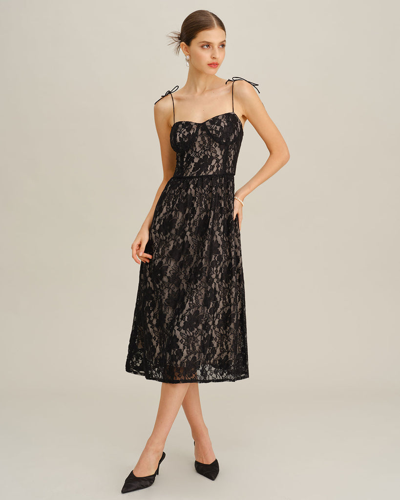 Women's Woven Polyester Midi Dress Black Dresses - RIHOAS