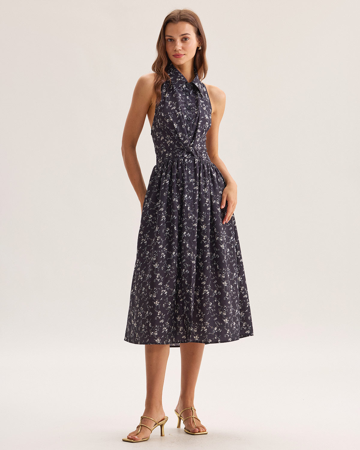 Women's Woven Polyester Midi Dress Black Dresses - RIHOAS