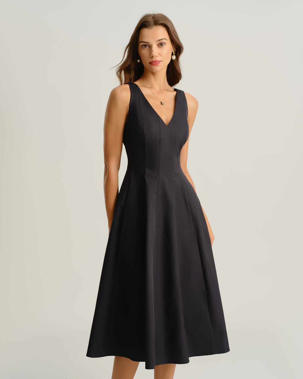 Women's Woven Polyester Midi Dress Black Dresses - RIHOAS
