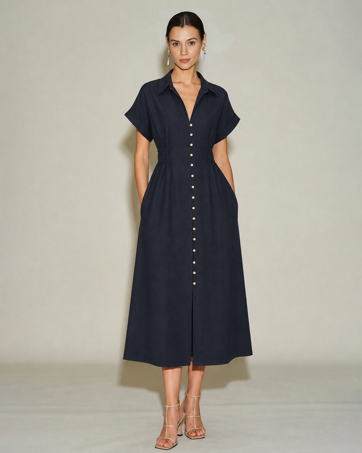 Women's Woven Polyester Midi Dress Black Dresses - RIHOAS