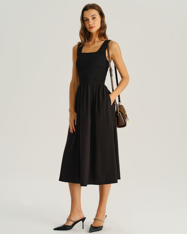 Women's Woven Polyester Midi Dress Black Dresses - RIHOAS