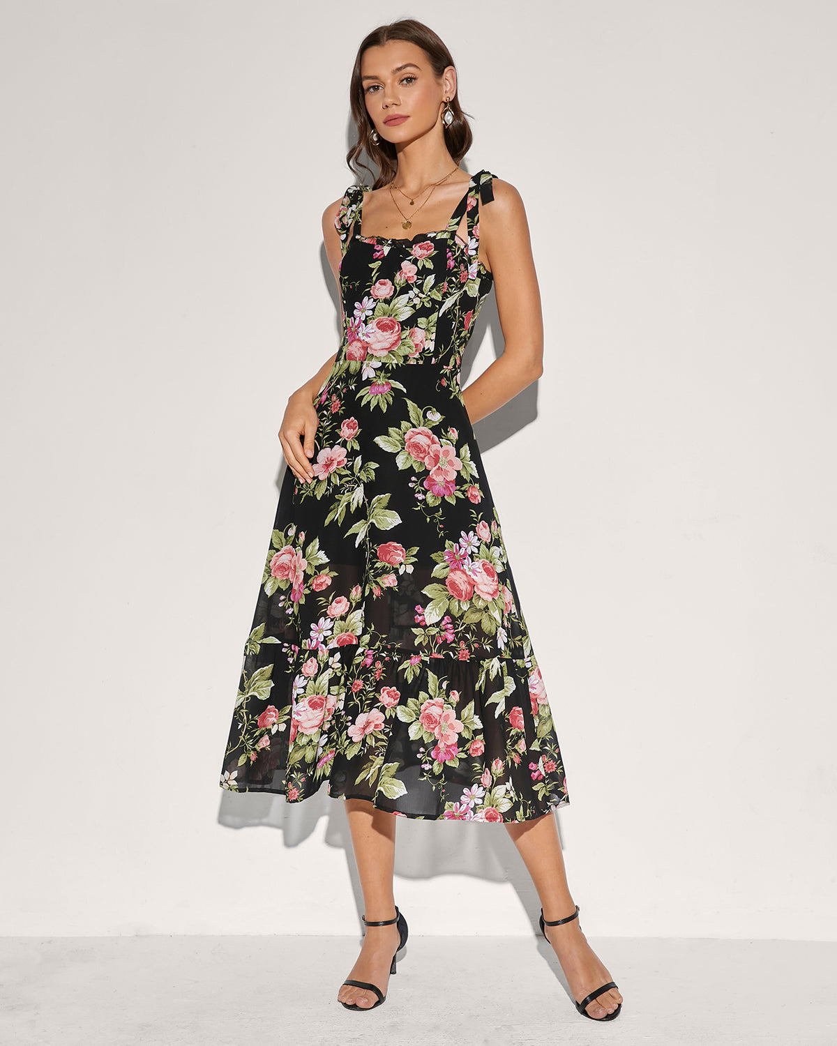 Women's Woven Polyester Midi Dress Black Dresses - RIHOAS