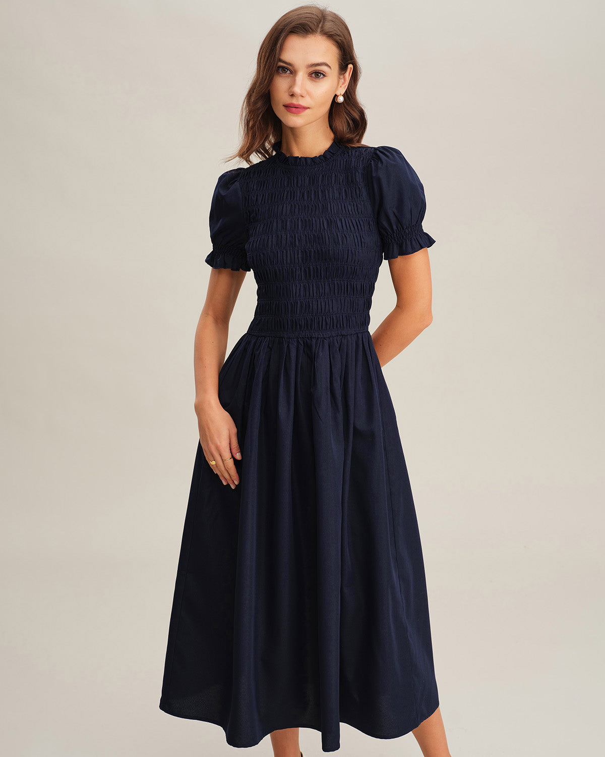 Rihoas Vintage Navy Cotton Dress High Neck Smocked Waist for Casual Daily Wear, Church, Blue / XL Rihoas Vintage Navy Cotton Dress High Neck Smocked Waist for Casual Daily Wear, Church, Blue / XL