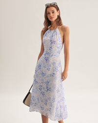 Women's Woven Polyester Midi Dress Blue Dresses - RIHOAS