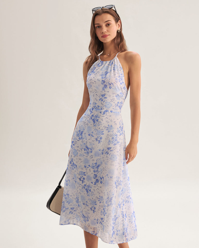 Women's Woven Polyester Midi Dress Blue Dresses - RIHOAS