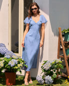 Women's Woven Polyester Midi Dress Blue Dresses - RIHOAS