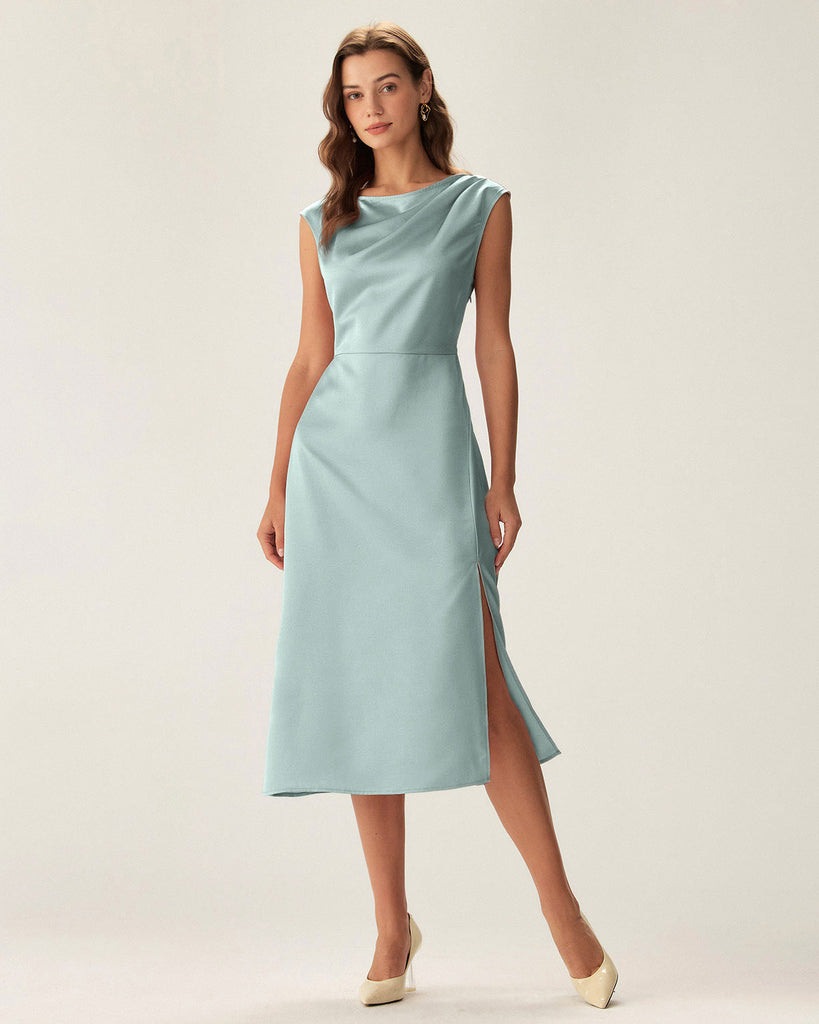 Women's Woven Polyester Midi Dress Blue Dresses - RIHOAS
