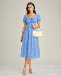 Women's Woven Polyester Midi Dress Blue Dresses - RIHOAS