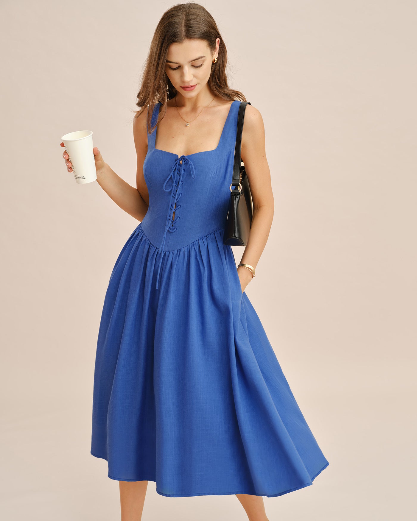 Blue Square Neck Tie Pockets Midi Dress & Reviews - Blue - Dresses | RIHOAS Blue Square Neck Tie Pockets Midi Dress & Reviews - Blue - Dresses | RIHOAS