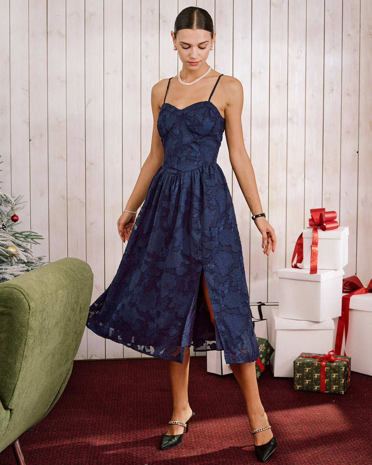 Women's Woven Polyester Midi Dress Blue Dresses - RIHOAS