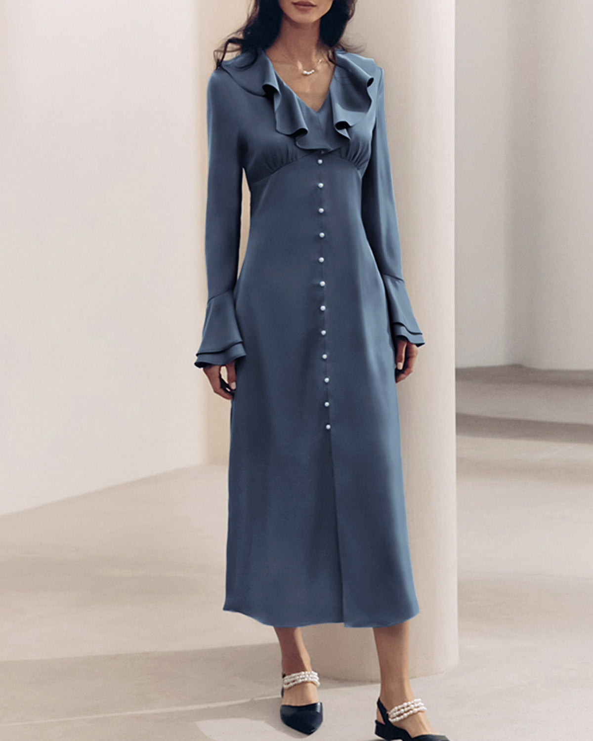 Women's Woven Polyester Midi Dress Blue Dresses - RIHOAS