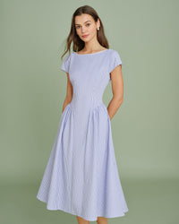 Women's Woven Polyester Midi Dress Blue Dresses - RIHOAS