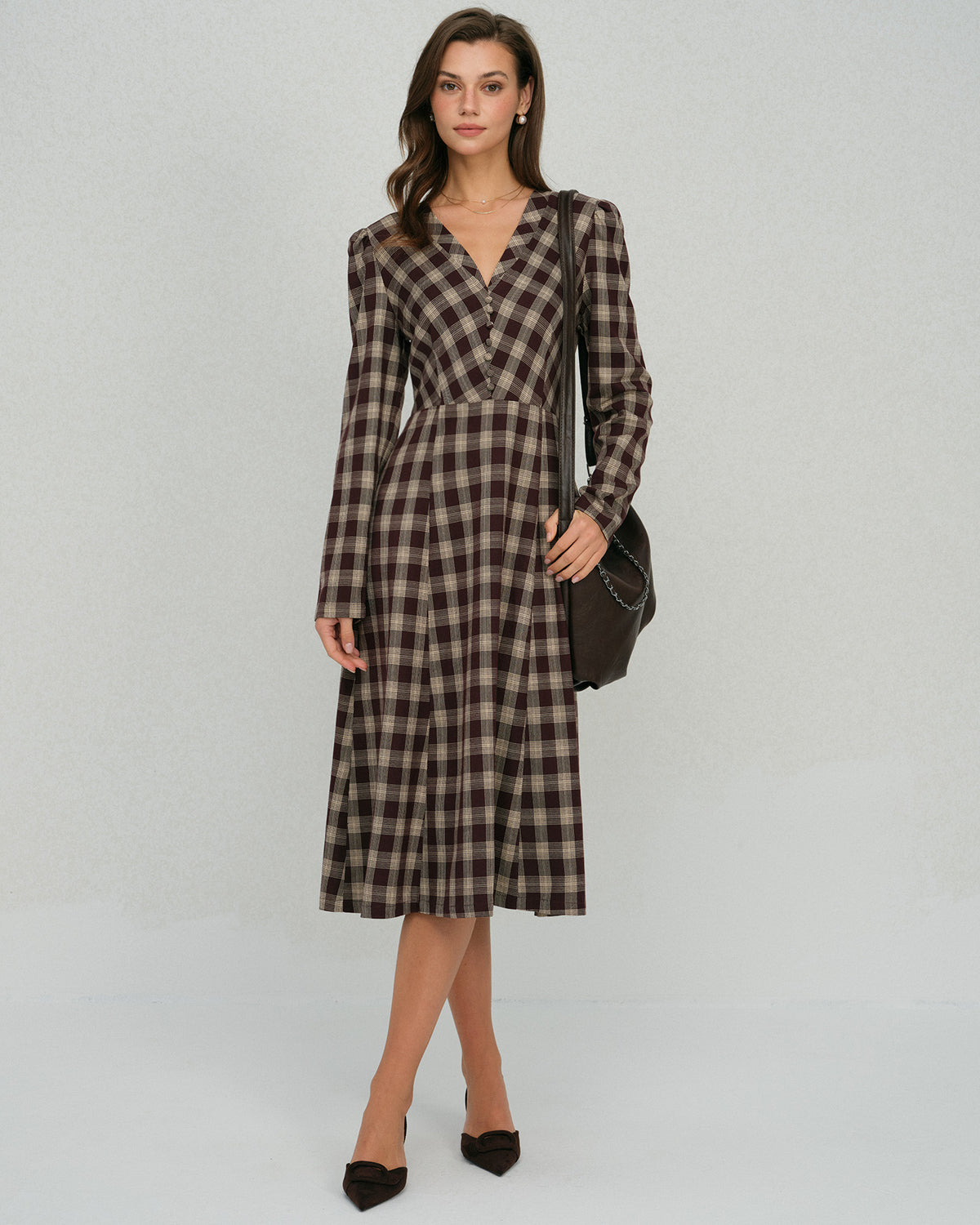 Women's Woven Polyester Midi Dress Brown Dresses - RIHOAS