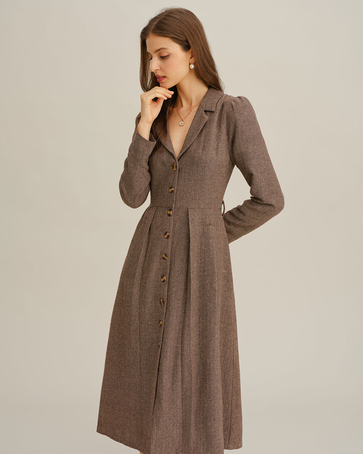 Women's Woven Polyester Midi Dress Brown Dresses - RIHOAS