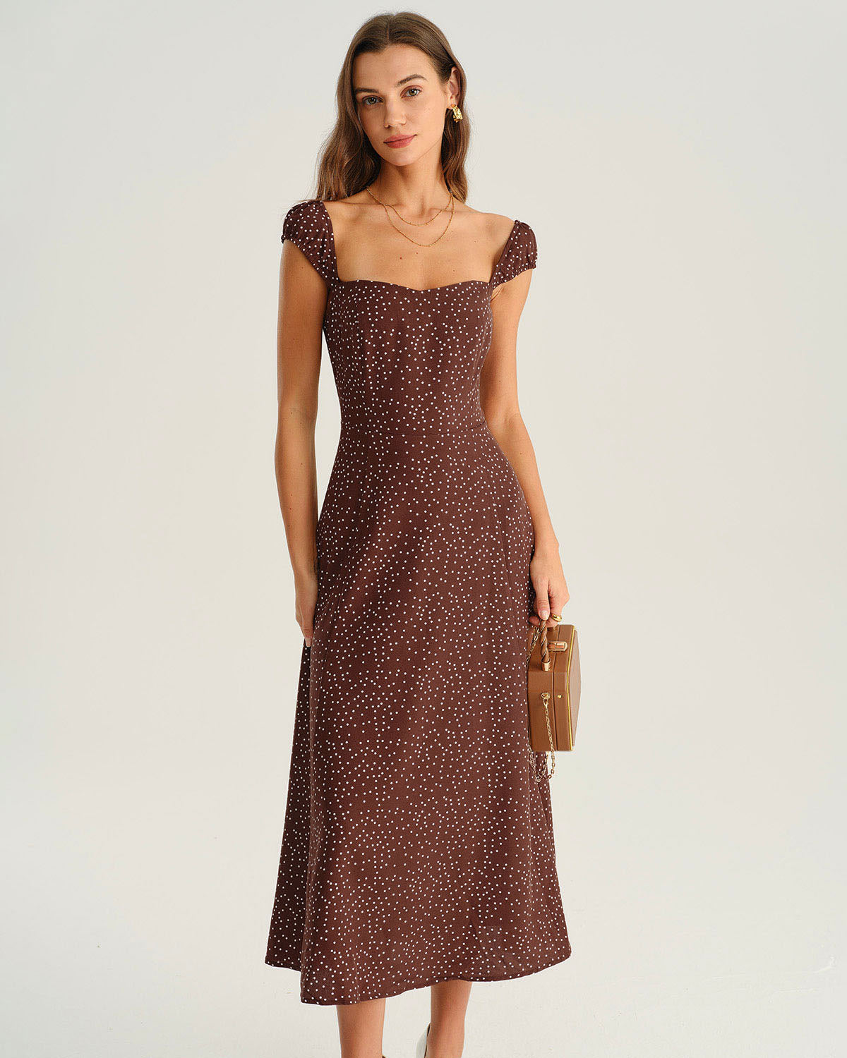 Women's Woven Polyester Midi Dress Brown Dresses - RIHOAS