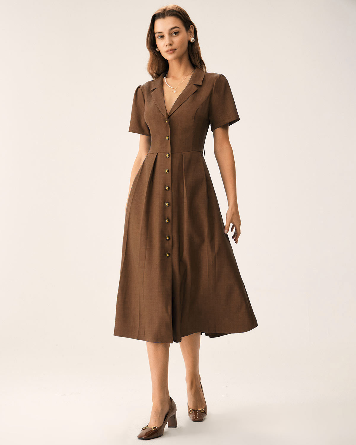 Women's Woven Polyester Midi Dress Brown Dresses - RIHOAS