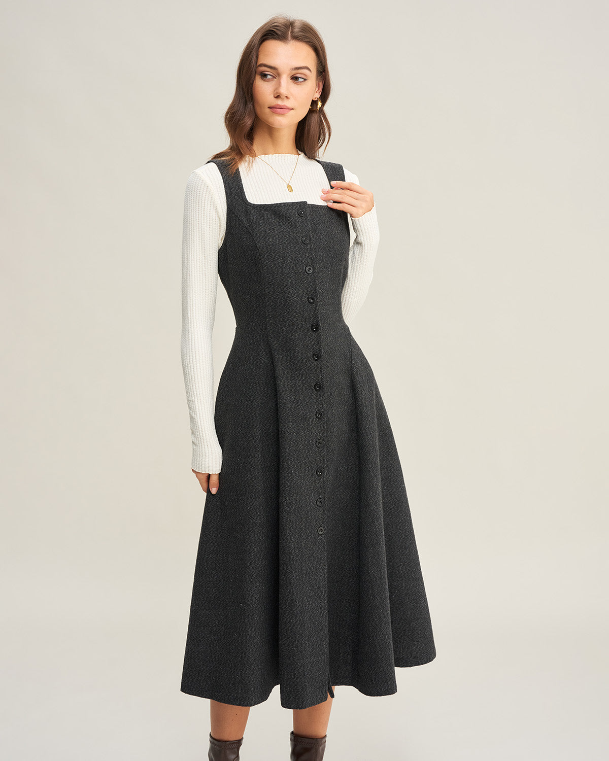 Women's Woven Polyester Midi Dress Dark Grey Dresses - RIHOAS