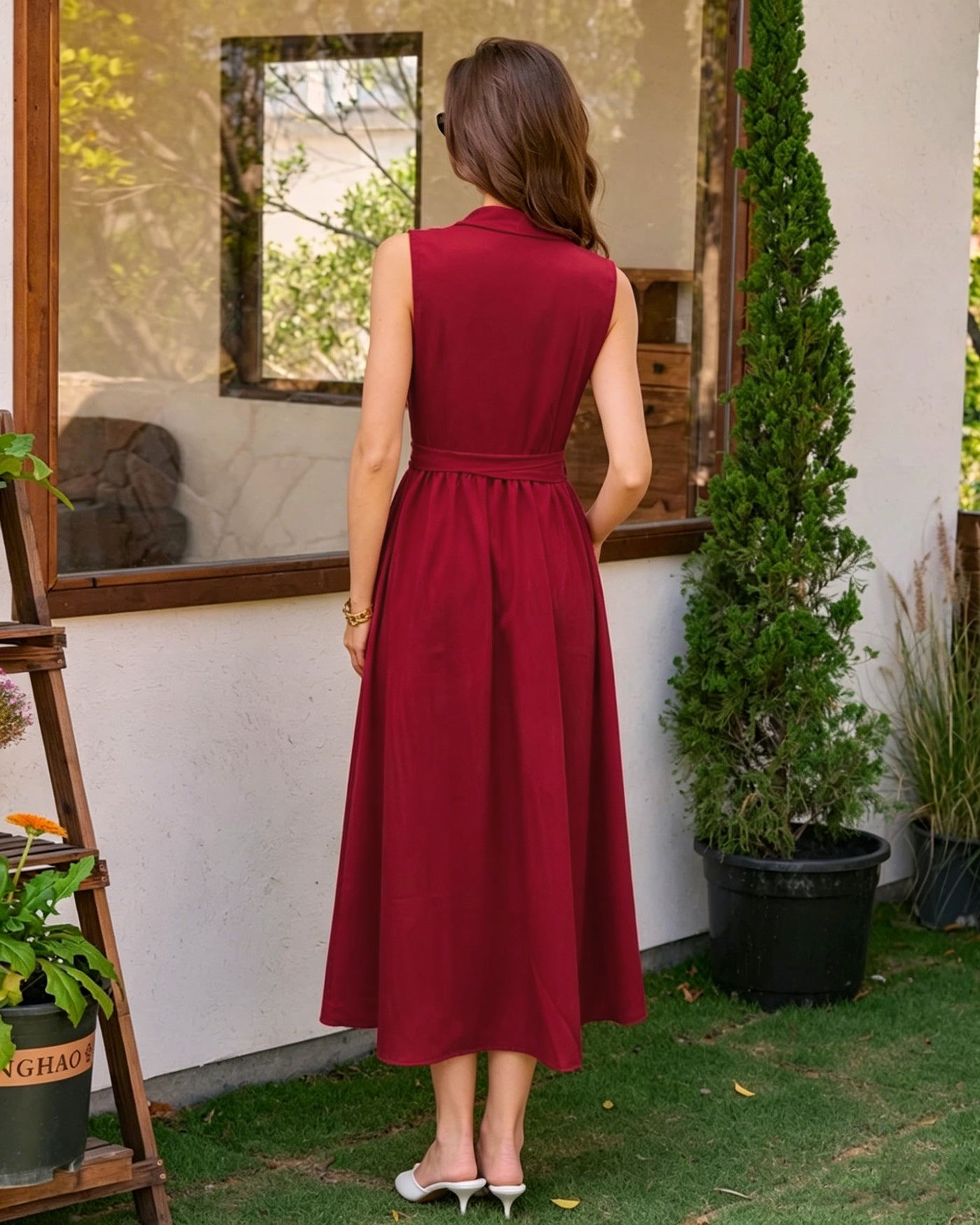 Rihoas Collar Belt Button Midi Dress for women, Red / US|8 Rihoas Collar Belt Button Midi Dress for women, Red / US|8