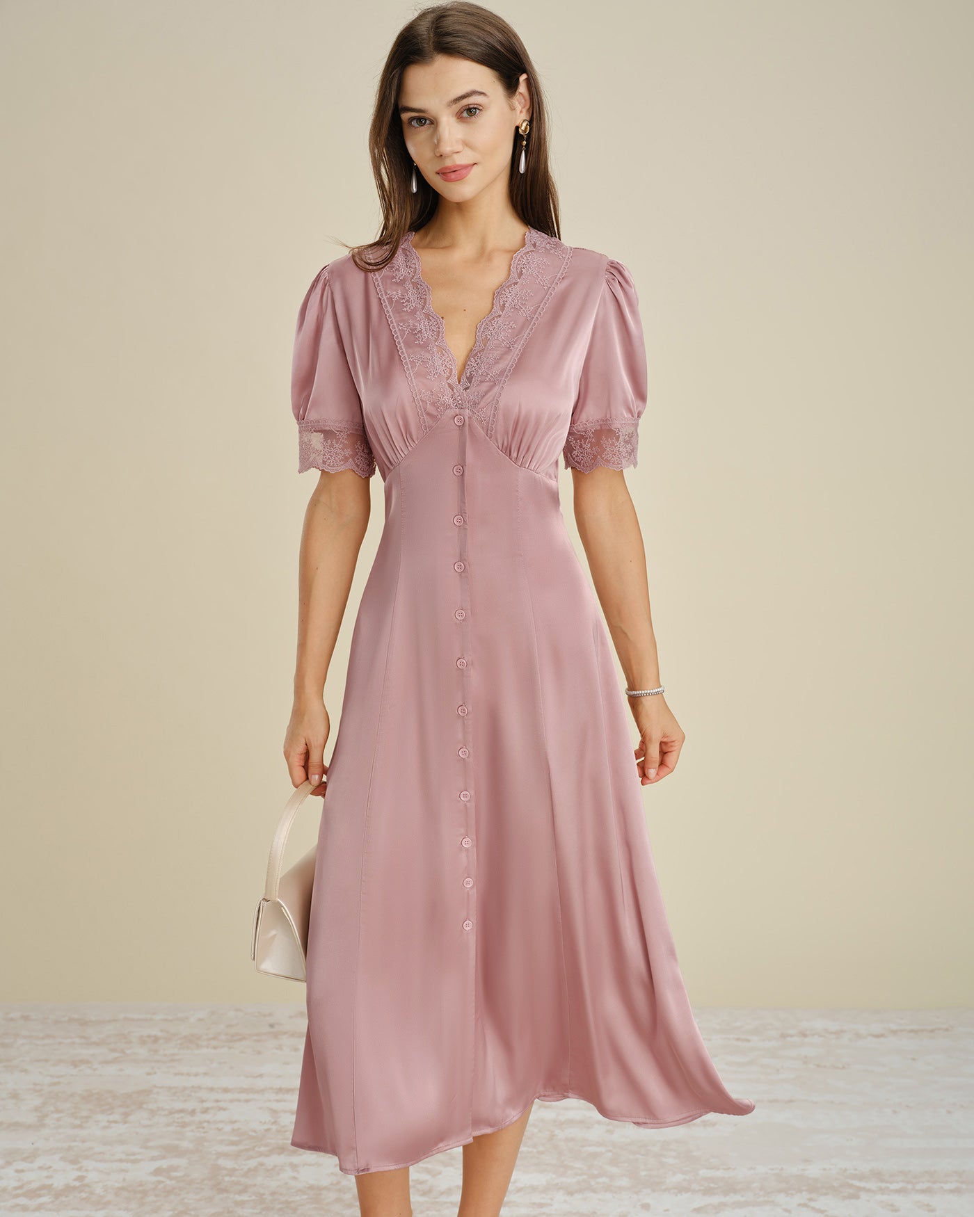 pink satin midi dress Pink Lace Splicing Satin Midi Dress & Reviews - Pink - Dresses