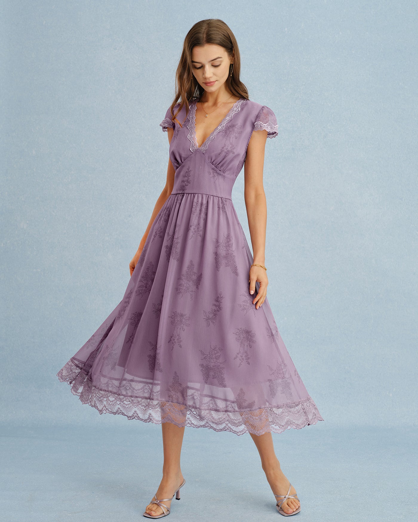 Rihoas Vintage Floral Lace Midi Dress with Short Sleeve