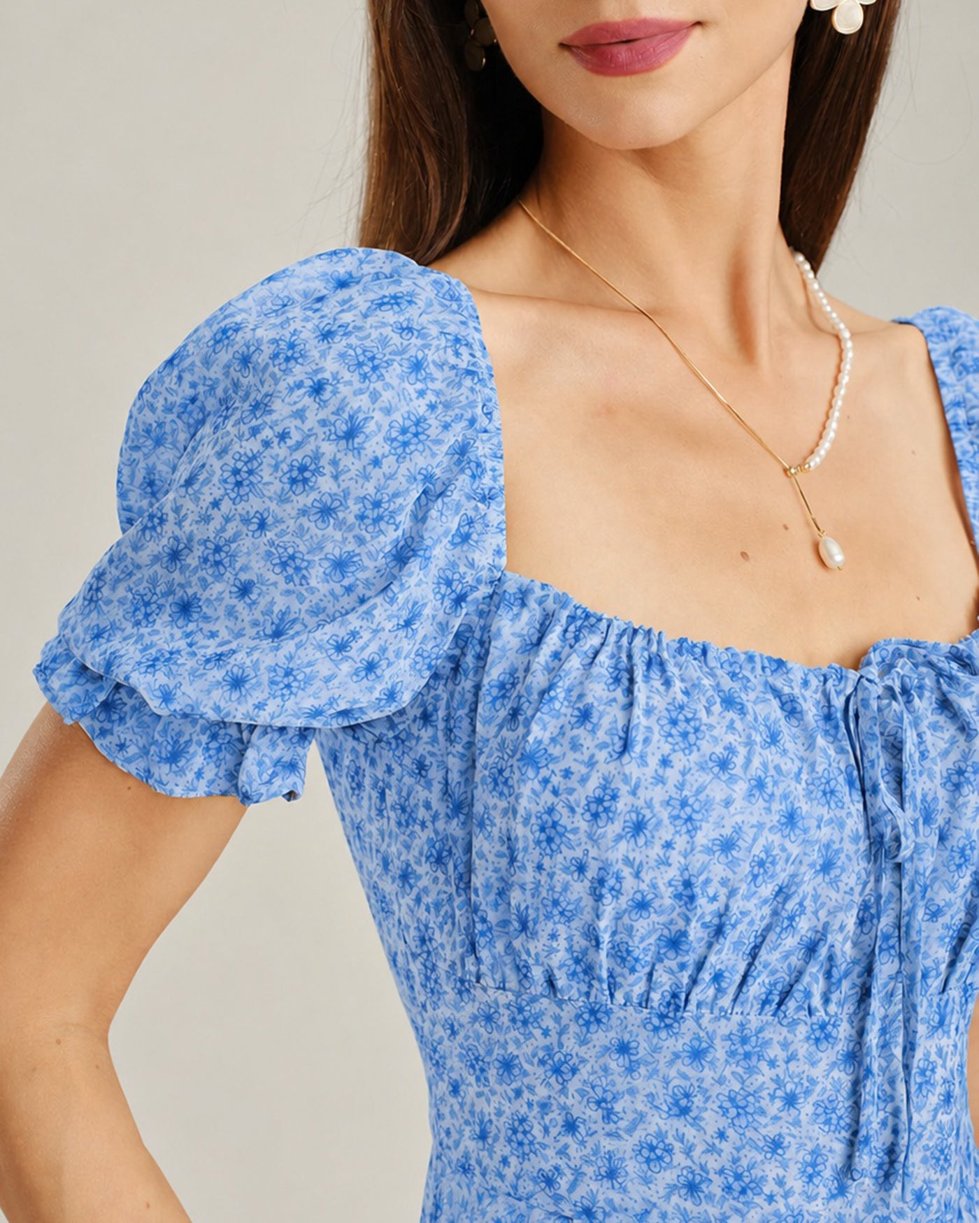 Blue Square Neck Floral Chiffon Midi Dress & Reviews - Blue - Dresses
