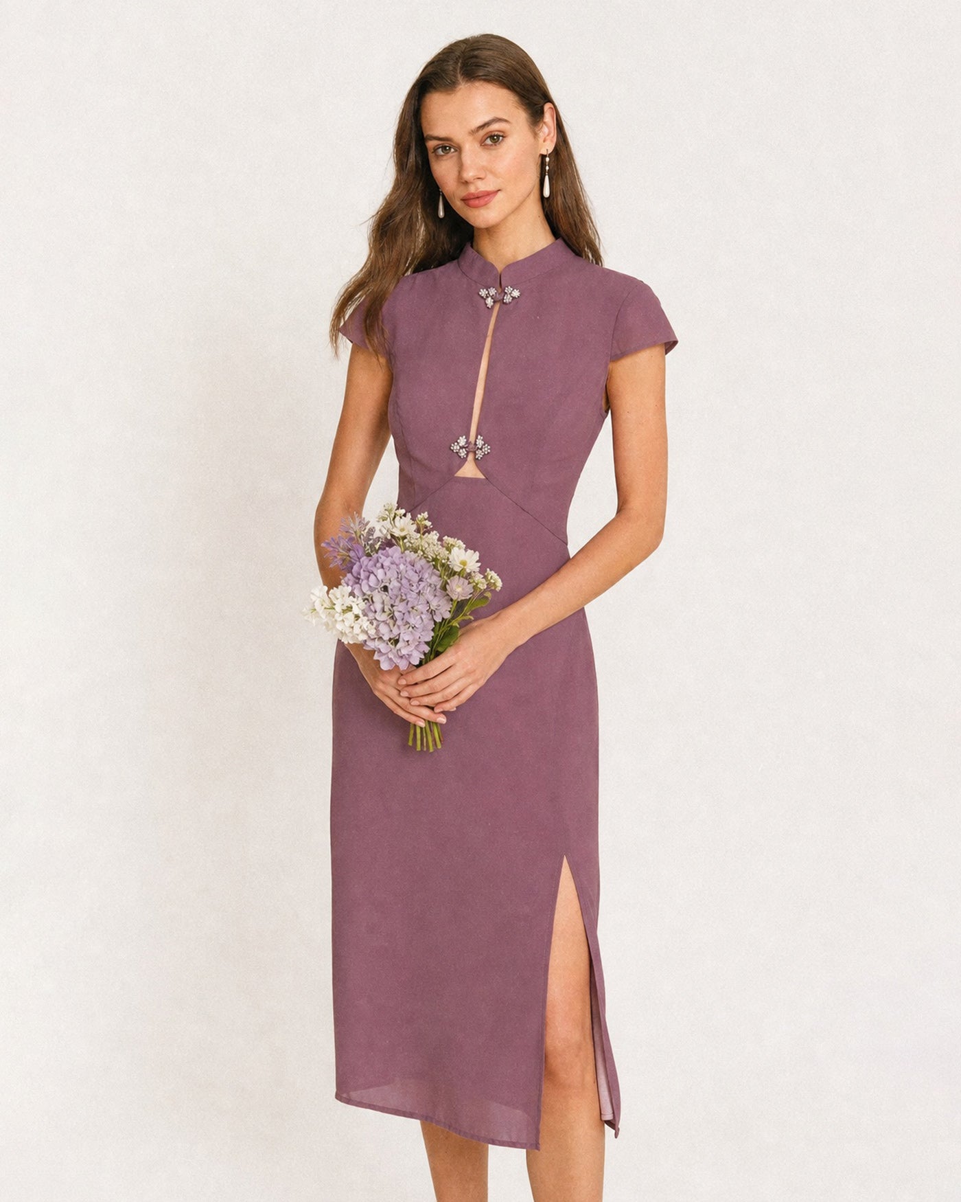 purple midi dresses for women Purple Mandarin Collar Chiffon Midi Dress