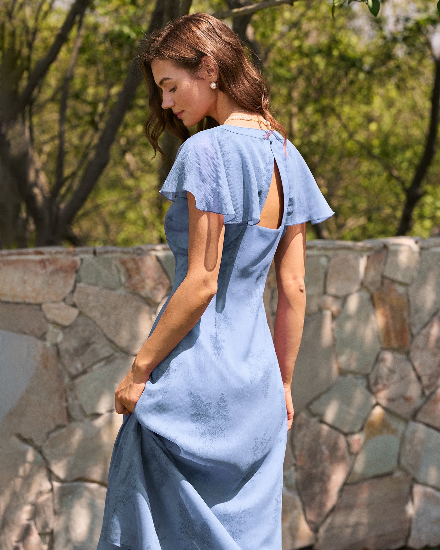 Blue Butterfly Sleeve Floral Midi Dress & Reviews - Blue - Dresses